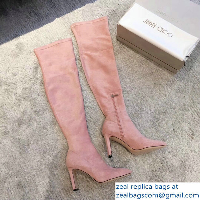 Jimmy Choo Heel 9.5cm Suede Stretch High Boots Nude Pink 2018 - Click Image to Close