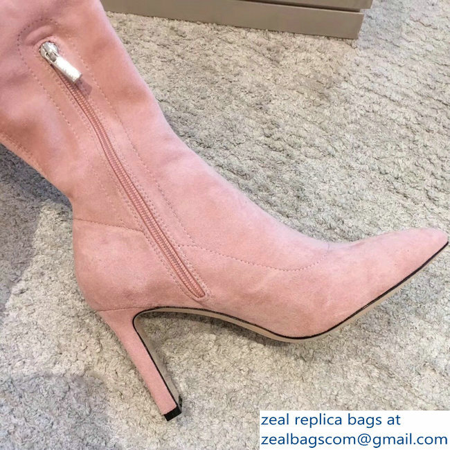 Jimmy Choo Heel 9.5cm Suede Stretch High Boots Nude Pink 2018 - Click Image to Close