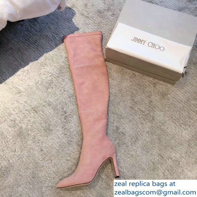 Jimmy Choo Heel 9.5cm Suede Stretch High Boots Nude Pink 2018