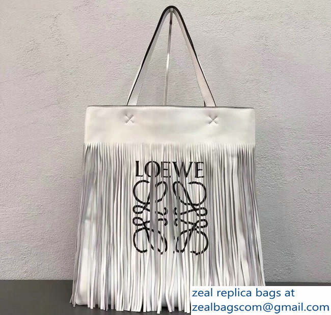 Loewe Logo Print Vertical Long Fringe Tote Bag White 2018 - Click Image to Close