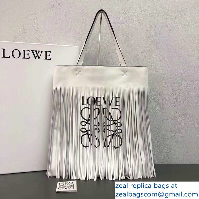 Loewe Logo Print Vertical Long Fringe Tote Bag White 2018