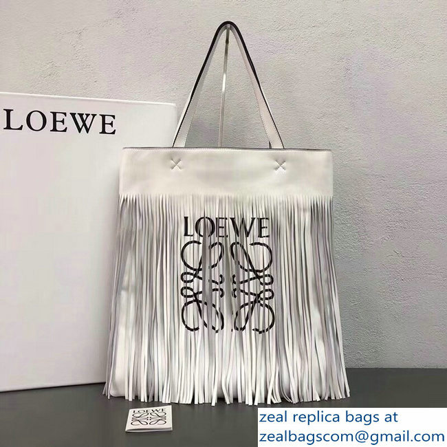 Loewe Logo Print Vertical Long Fringe Tote Bag White 2018 - Click Image to Close