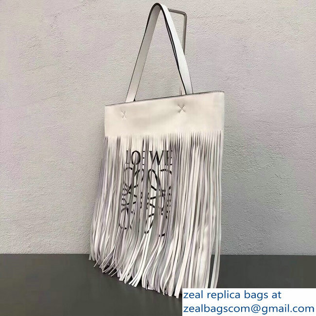 Loewe Logo Print Vertical Long Fringe Tote Bag White 2018 - Click Image to Close