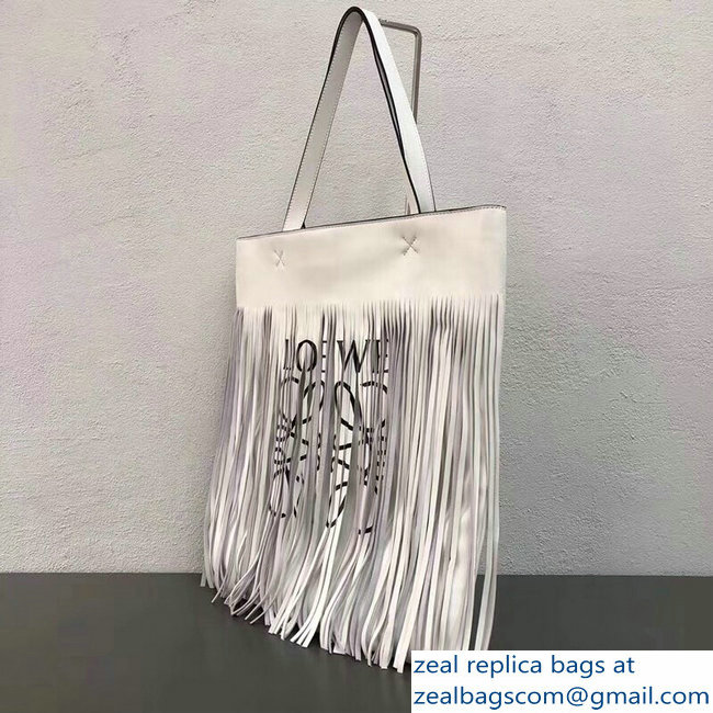 Loewe Logo Print Vertical Long Fringe Tote Bag White 2018