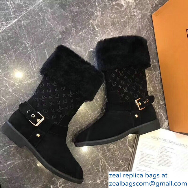 Louis Vuitton Monogram Pattern Snowball Flat Short Boots Black 2018 - Click Image to Close