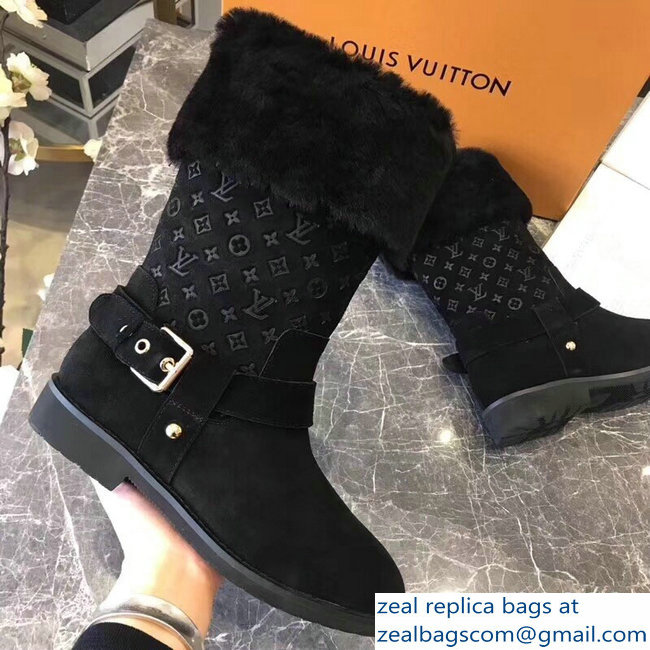 Louis Vuitton Monogram Pattern Snowball Flat Short Boots Black 2018 - Click Image to Close