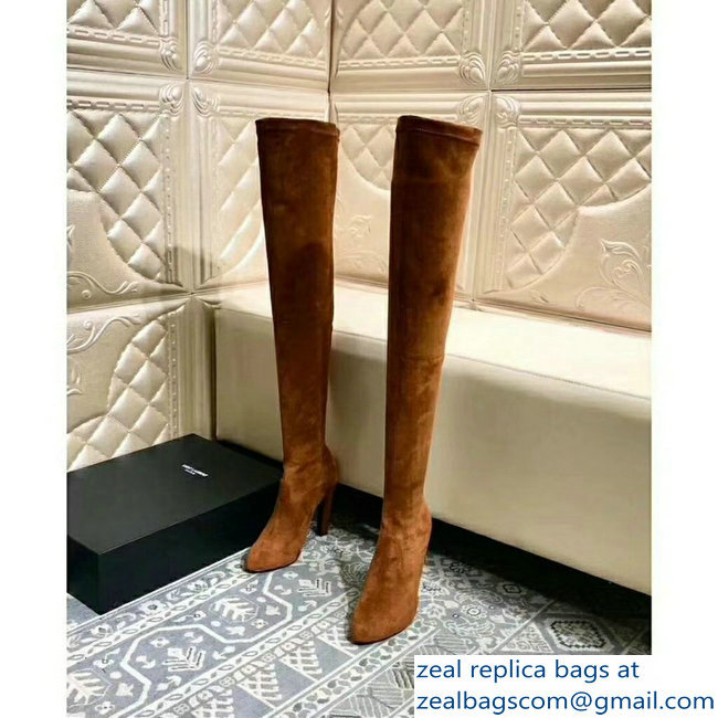 Saint Laurent Heel 10.5cm Height 60cm Suede Knee Boots Brown