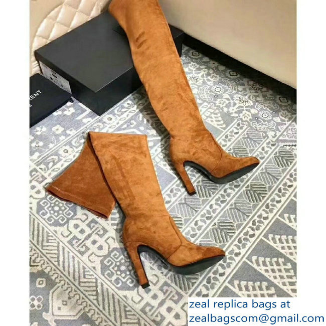 Saint Laurent Heel 10.5cm Height 60cm Suede Knee Boots Brown