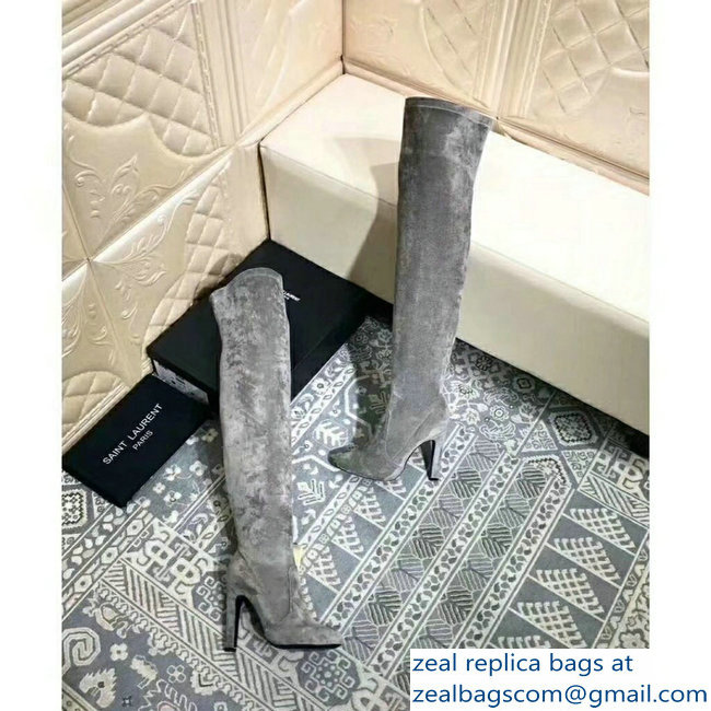 Saint Laurent Heel 10.5cm Height 60cm Suede Knee Boots Gray