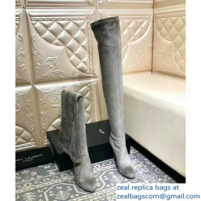 Saint Laurent Heel 10.5cm Height 60cm Suede Knee Boots Gray - Click Image to Close