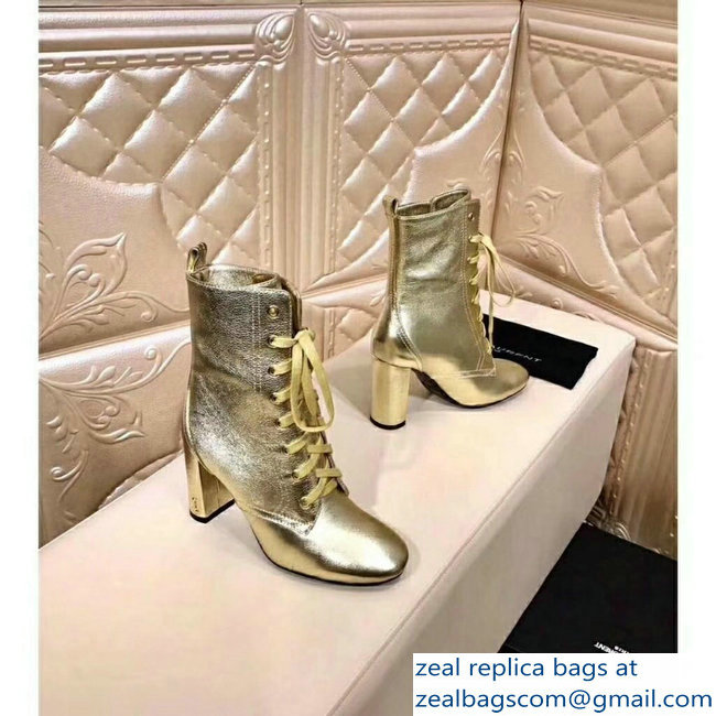 Saint Laurent Heel 9.5cm Loulou Lace-Up Boots Gold - Click Image to Close