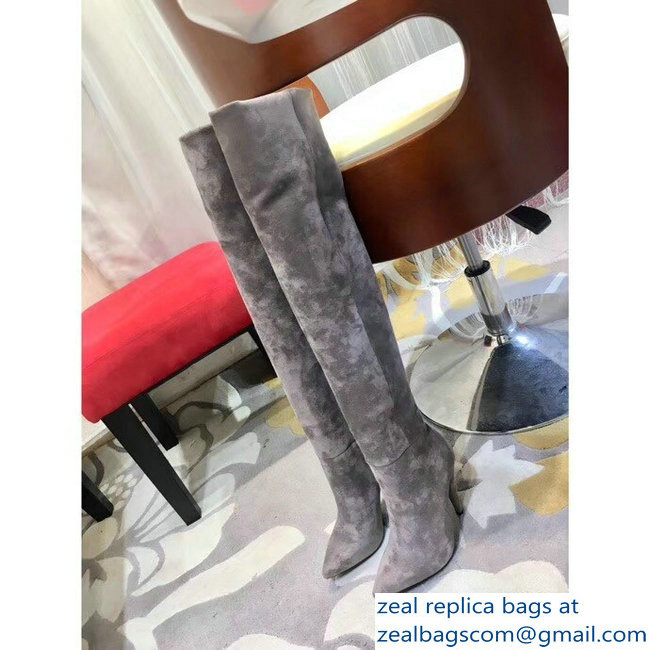 Saint Laurent Height 24 inch Suede Knee Boots Gray - Click Image to Close