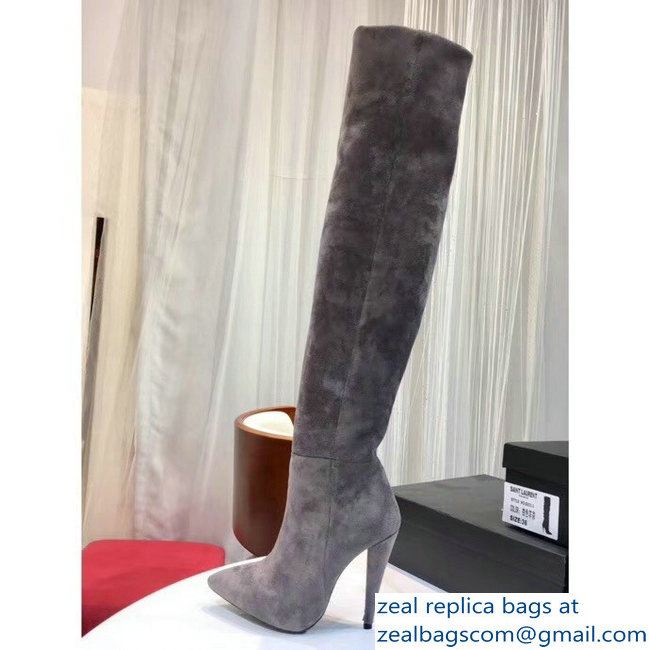 Saint Laurent Height 24 inch Suede Knee Boots Gray - Click Image to Close