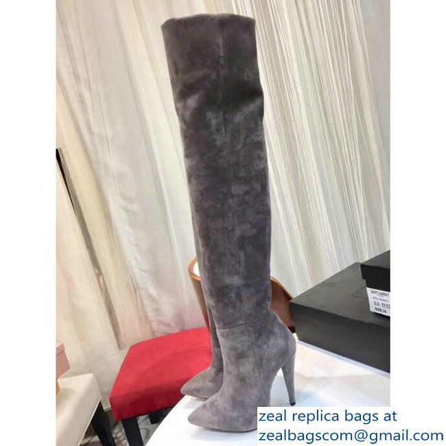 Saint Laurent Height 24 inch Suede Knee Boots Gray - Click Image to Close
