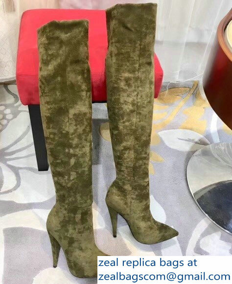 Saint Laurent Height 24 inch Suede Knee Boots Green - Click Image to Close