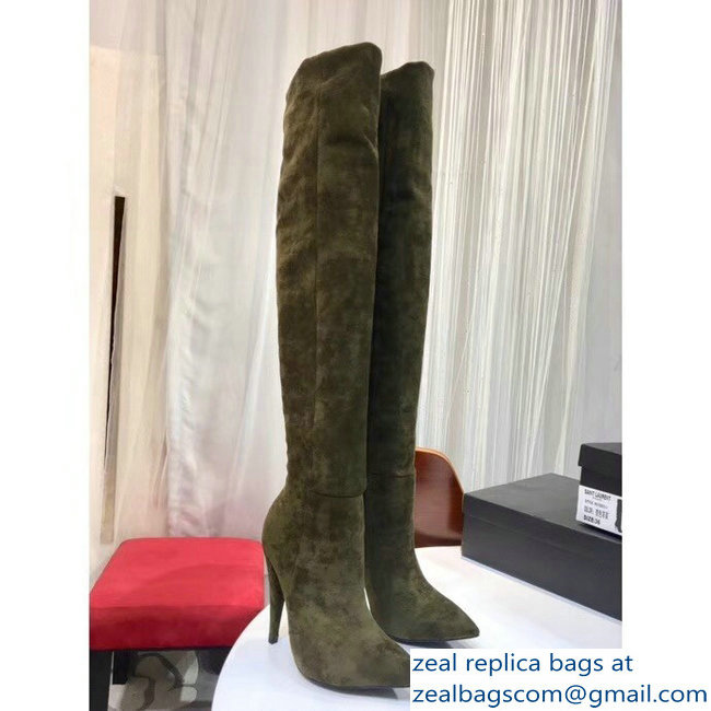 Saint Laurent Height 24 inch Suede Knee Boots Green - Click Image to Close