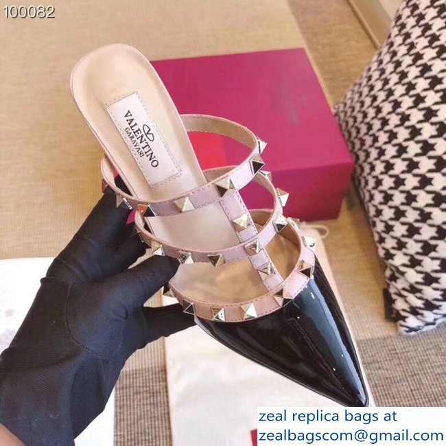 Valentino Heel 9.5cm Patent Leather Rockstud Heel Mules Sandals Black 2018