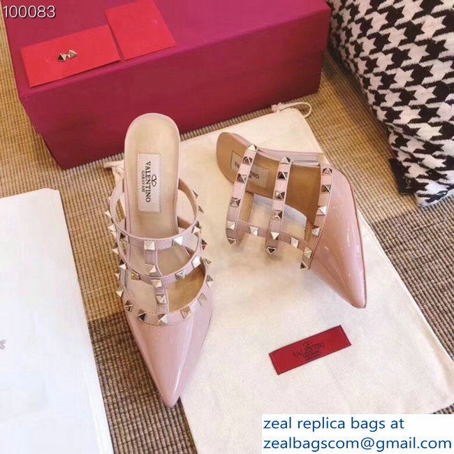 Valentino Heel 9.5cm Patent Leather Rockstud Heel Mules Sandals Nude 2018 - Click Image to Close