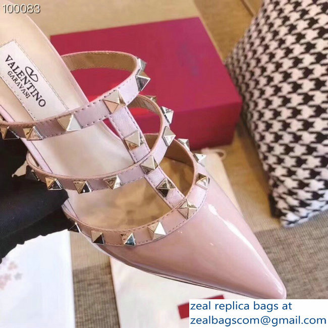 Valentino Heel 9.5cm Patent Leather Rockstud Heel Mules Sandals Nude 2018 - Click Image to Close