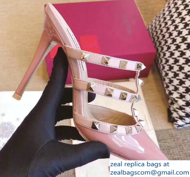 Valentino Heel 9.5cm Patent Leather Rockstud Heel Mules Sandals Pink 2018 - Click Image to Close