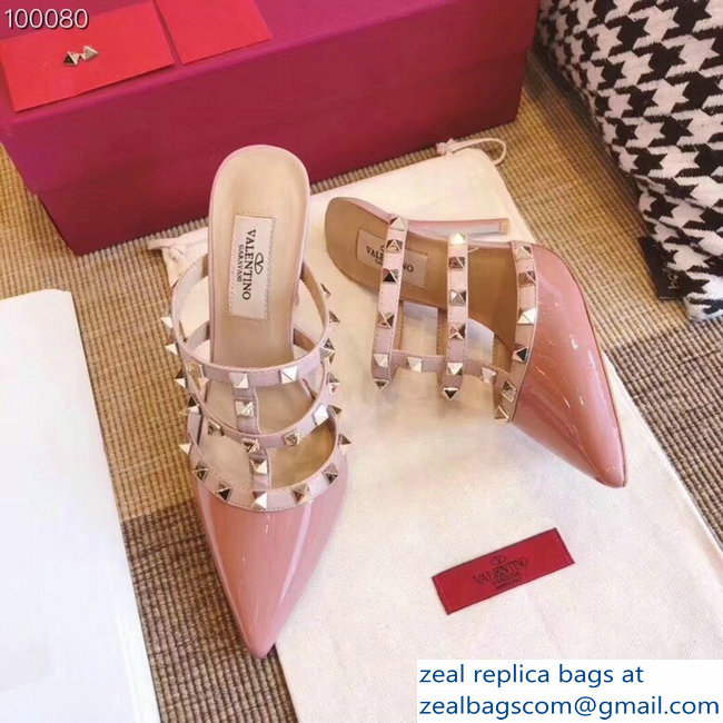 Valentino Heel 9.5cm Patent Leather Rockstud Heel Mules Sandals Pink 2018 - Click Image to Close