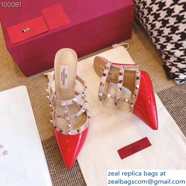 Valentino Heel 9.5cm Patent Leather Rockstud Heel Mules Sandals Red 2018 - Click Image to Close