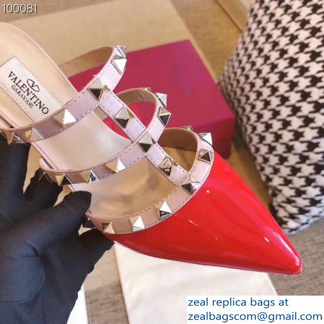 Valentino Heel 9.5cm Patent Leather Rockstud Heel Mules Sandals Red 2018