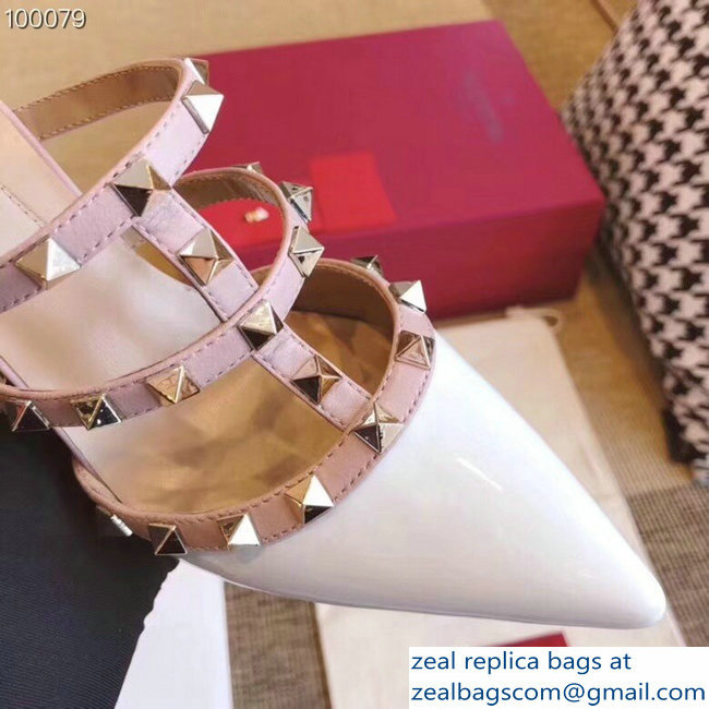 Valentino Heel 9.5cm Patent Leather Rockstud Heel Mules Sandals White 2018 - Click Image to Close