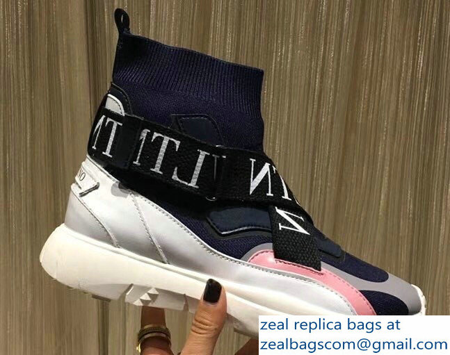 Valentino VLTN High-Top Stretch Knit And Leather Heroes Her Sneakers Blue 2018 - Click Image to Close