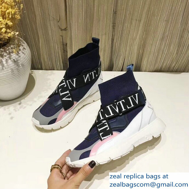 Valentino VLTN High-Top Stretch Knit And Leather Heroes Her Sneakers Blue 2018