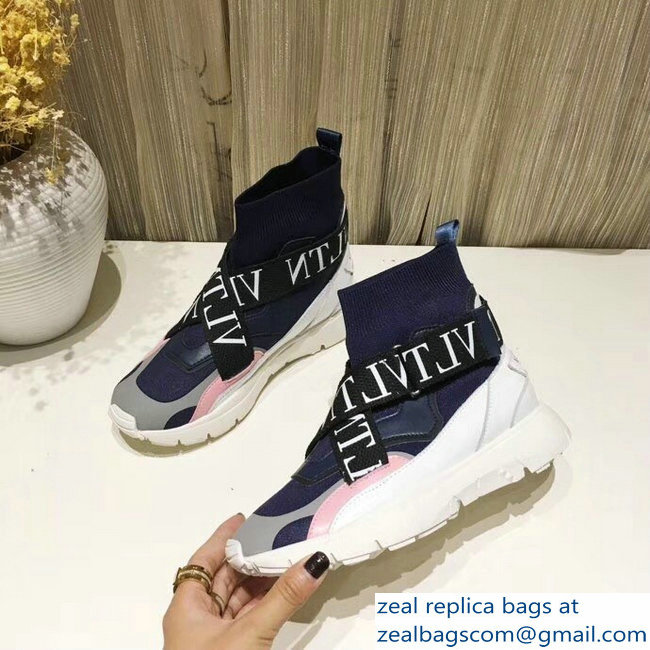 Valentino VLTN High-Top Stretch Knit And Leather Heroes Her Sneakers Blue 2018 - Click Image to Close