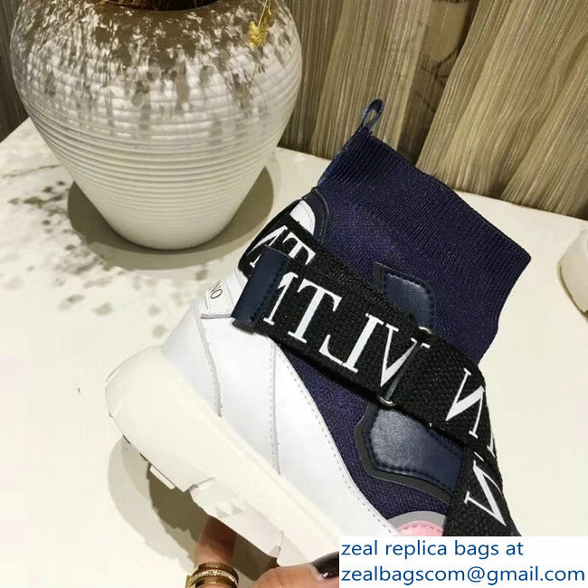 Valentino VLTN High-Top Stretch Knit And Leather Heroes Her Sneakers Blue 2018 - Click Image to Close