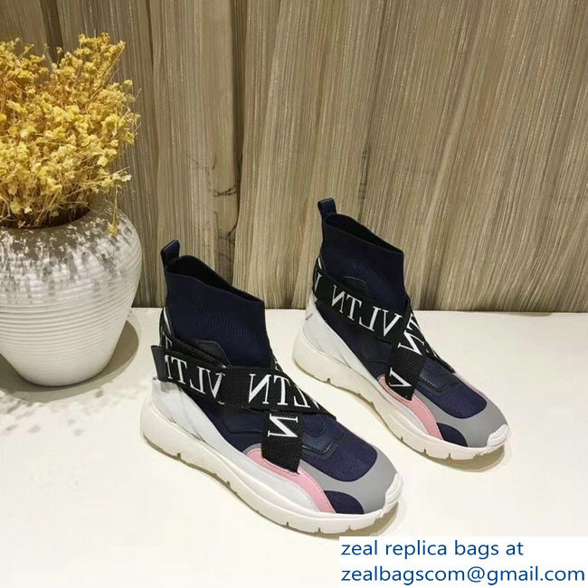 Valentino VLTN High-Top Stretch Knit And Leather Heroes Her Sneakers Blue 2018 - Click Image to Close