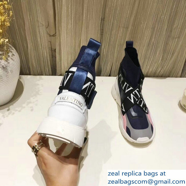 Valentino VLTN High-Top Stretch Knit And Leather Heroes Her Sneakers Blue 2018 - Click Image to Close