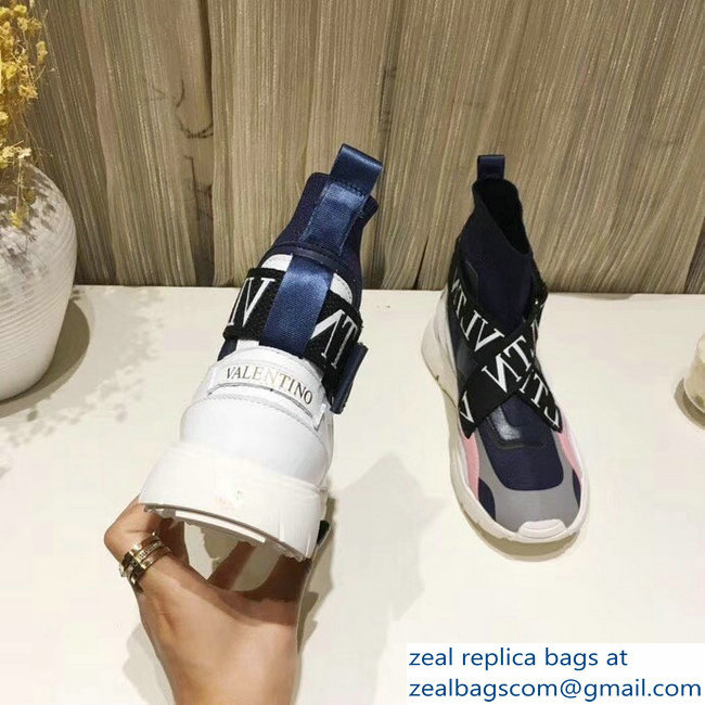 Valentino VLTN High-Top Stretch Knit And Leather Heroes Her Sneakers Blue 2018