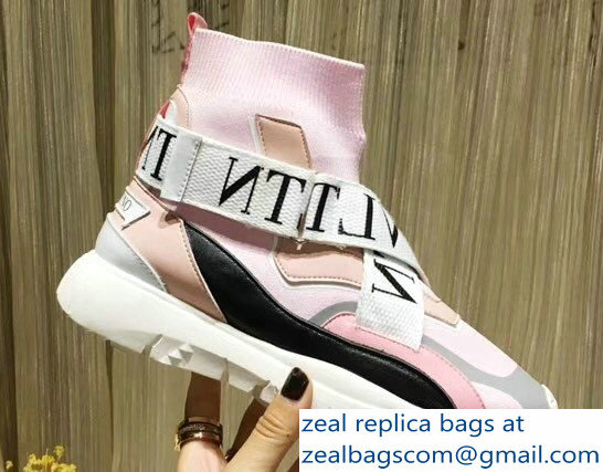 Valentino VLTN High-Top Stretch Knit And Leather Heroes Her Sneakers Pink 2018 - Click Image to Close