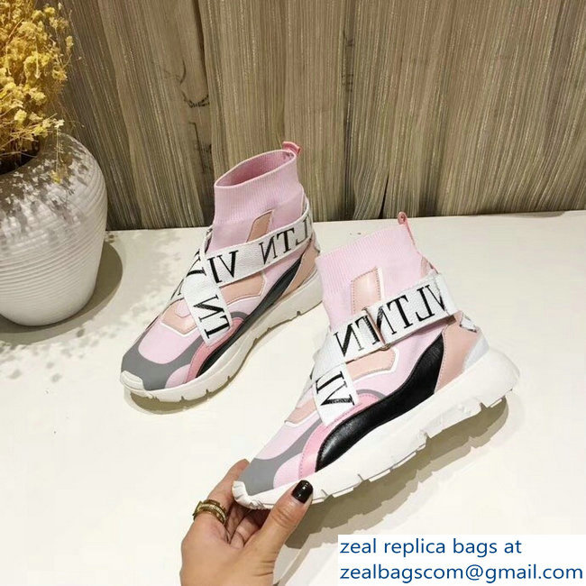 Valentino VLTN High-Top Stretch Knit And Leather Heroes Her Sneakers Pink 2018 - Click Image to Close