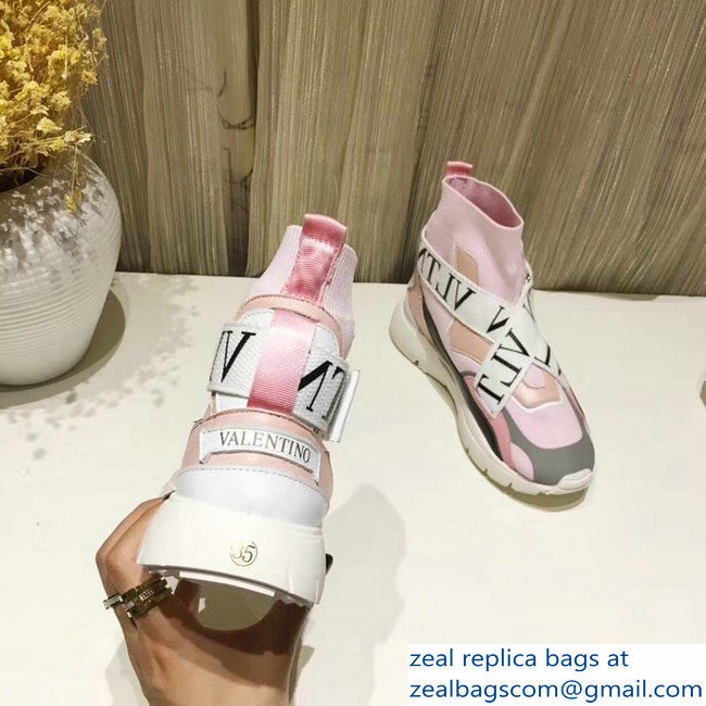 Valentino VLTN High-Top Stretch Knit And Leather Heroes Her Sneakers Pink 2018 - Click Image to Close