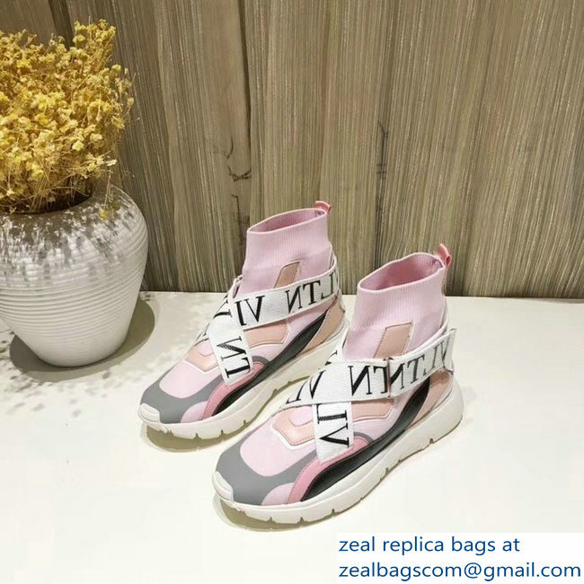 Valentino VLTN High-Top Stretch Knit And Leather Heroes Her Sneakers Pink 2018 - Click Image to Close