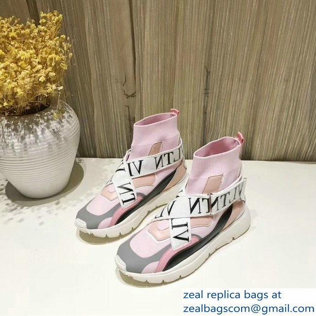 Valentino VLTN High-Top Stretch Knit And Leather Heroes Her Sneakers Pink 2018