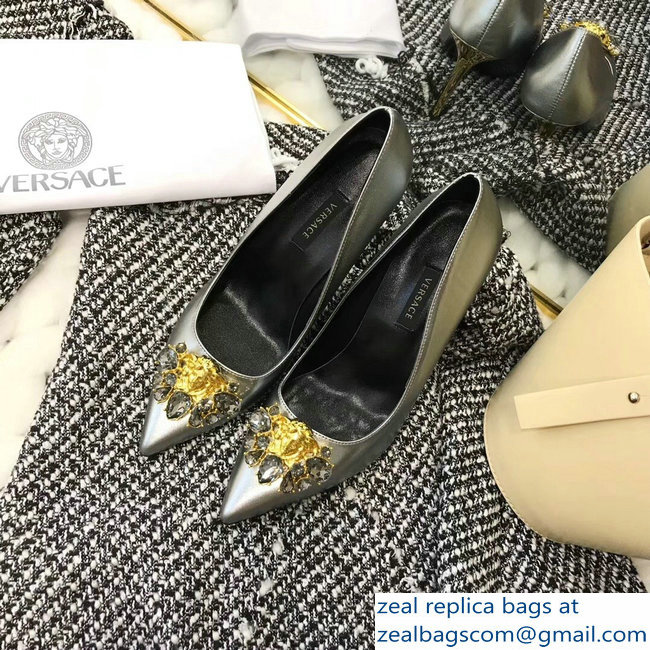 Versace Heel 9cm Crystal and Medusa Pumps Gray - Click Image to Close