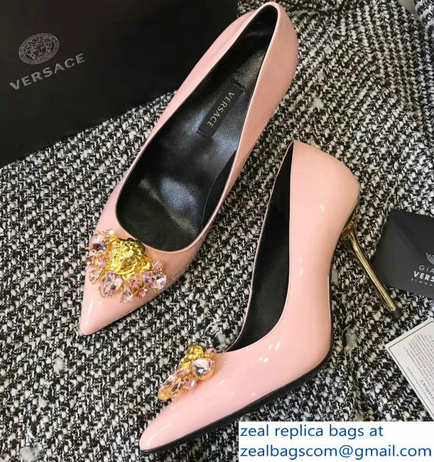 Versace Heel 9cm Crystal and Medusa Pumps Patent Pink - Click Image to Close