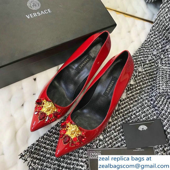 Versace Heel 9cm Crystal and Medusa Pumps Patent Red - Click Image to Close