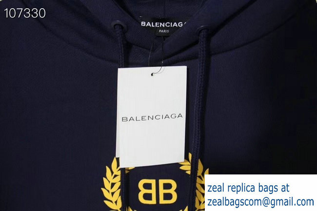 Balenciaga BB Logo Hoodie Sweater Dark Blue 2018 - Click Image to Close