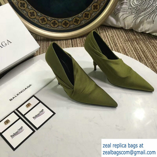 Balenciaga Heel 10cm Knife Draped Stretch Jersey Satin Pumps Olive Green 2019