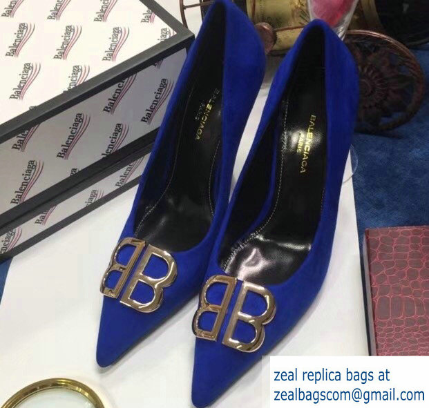 Balenciaga Heel 10cm Pointed Toe BB Pumps Blue 2018