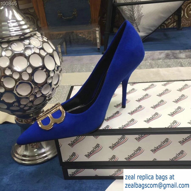 Balenciaga Heel 10cm Pointed Toe BB Pumps Blue 2018