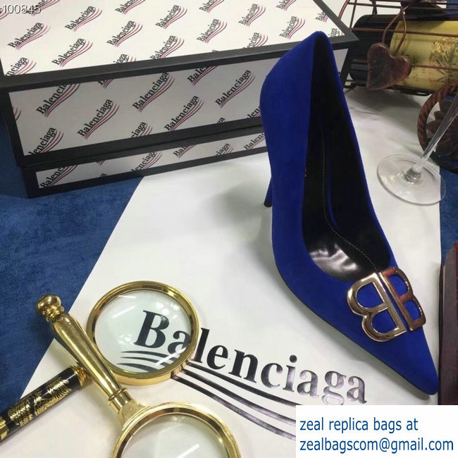 Balenciaga Heel 10cm Pointed Toe BB Pumps Blue 2018 - Click Image to Close