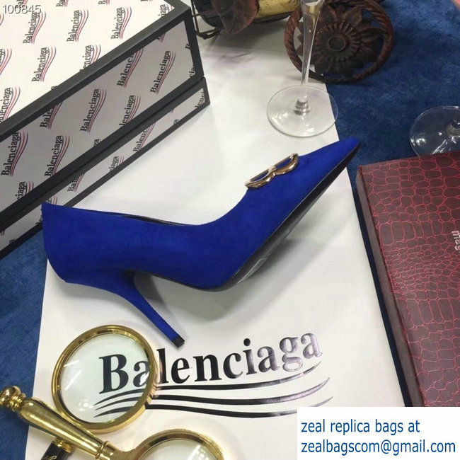 Balenciaga Heel 10cm Pointed Toe BB Pumps Blue 2018