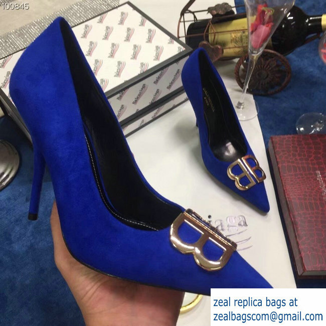 Balenciaga Heel 10cm Pointed Toe BB Pumps Blue 2018 - Click Image to Close